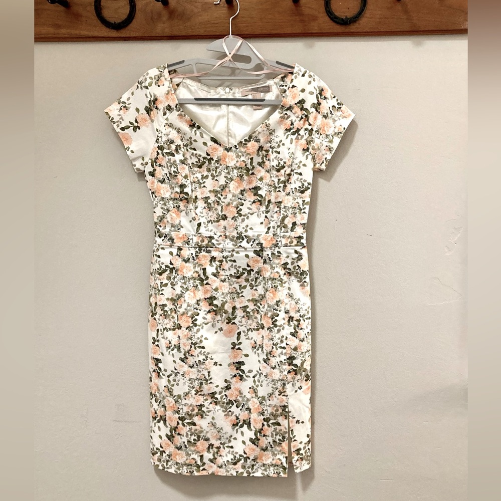 Floral Pink and Green Dress with slit Small